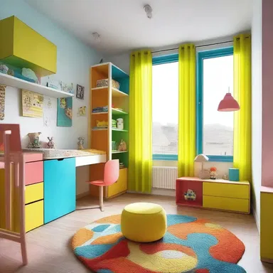 The child's room in the house is decorated with vibrant colors and playful furniture.
