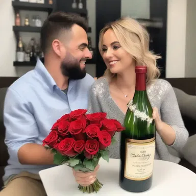 The bottler presented his girlfriend with a bottle of their favorite wine and a bouquet of roses on their anniversary.