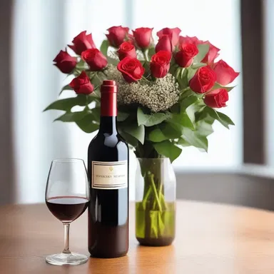 The bottler presented his girlfriend with a bottle of their favorite wine and a bouquet of roses on their anniversary.