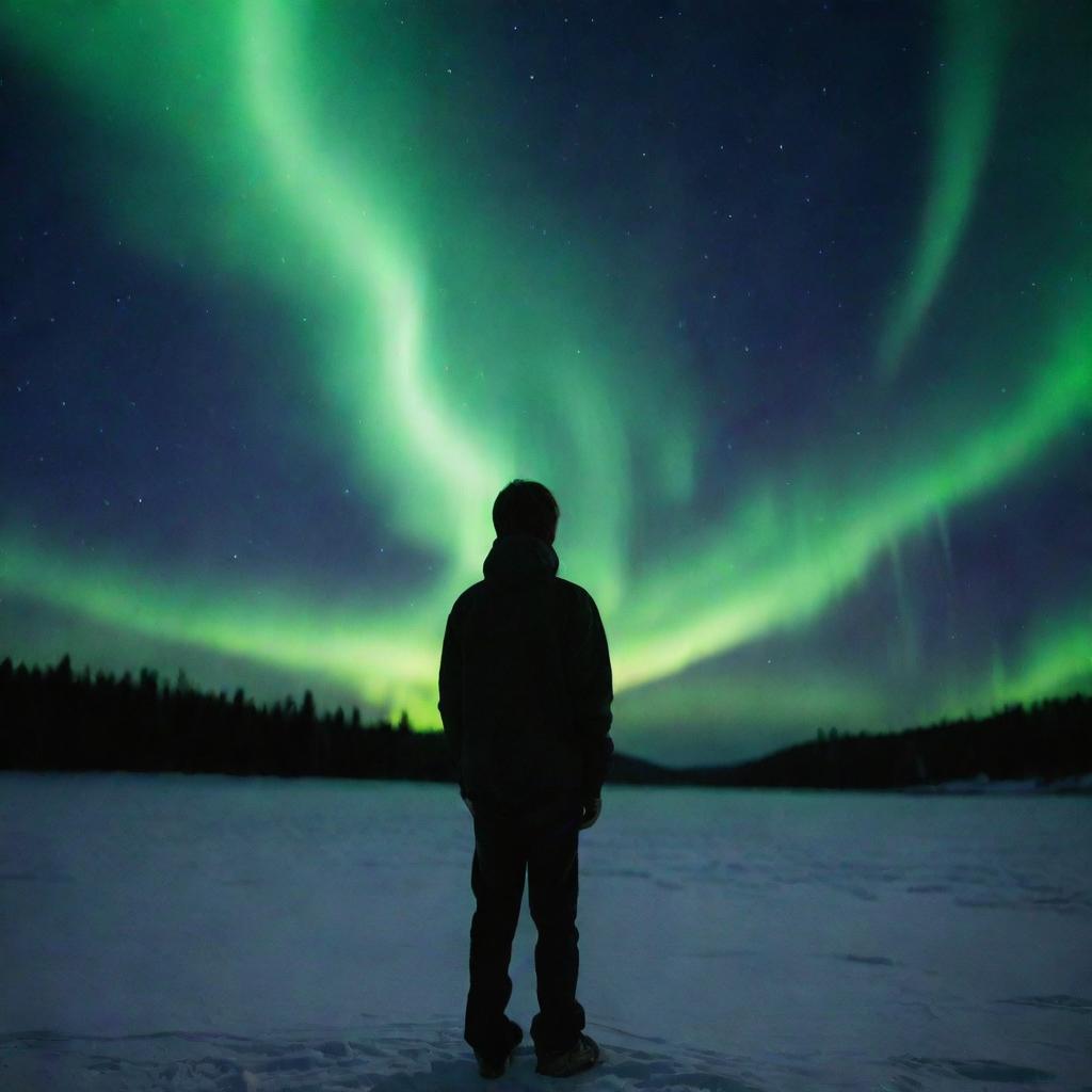 A cryptic figure of a heartbroken boy standing distant under the aurora borealis, his face obscured, inviting speculation about the enigma concealed in his story.