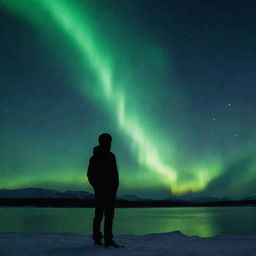 A cryptic figure of a heartbroken boy standing distant under the aurora borealis, his face obscured, inviting speculation about the enigma concealed in his story.