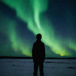 A cryptic figure of a heartbroken boy standing distant under the aurora borealis, his face obscured, inviting speculation about the enigma concealed in his story.