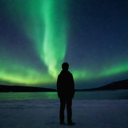 A cryptic figure of a heartbroken boy standing distant under the aurora borealis, his face obscured, inviting speculation about the enigma concealed in his story.