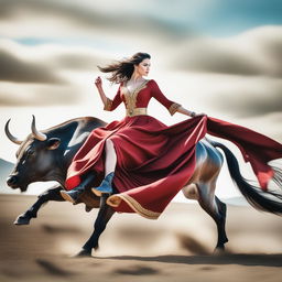 This is a revised, high-resolution, digitally enhanced image of a woman in a red dress riding a bull, not a horse