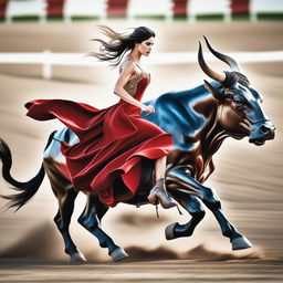 This is a revised, high-resolution, digitally enhanced image of a woman in a red dress riding a bull, not a horse