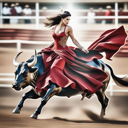 This is a revised, high-resolution, digitally enhanced image of a woman in a red dress riding a bull, not a horse