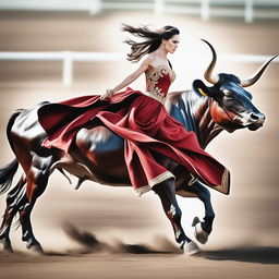 This is a revised, high-resolution, digitally enhanced image of a woman in a red dress riding a bull, not a horse