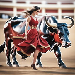 A revised, high-resolution image of a woman in a red dress standing next to a bull