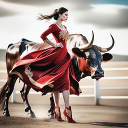 A revised, high-resolution image of a woman in a red dress standing next to a bull