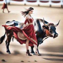 A revised, high-resolution image of a woman in a red dress standing next to a bull