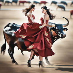 A revised, high-resolution image of a woman in a red dress standing next to a bull