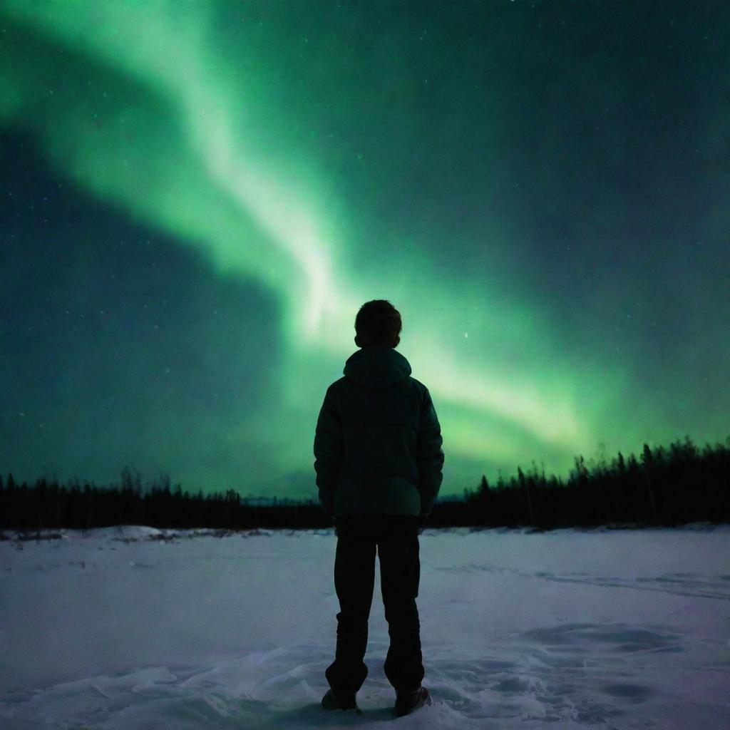 A thought-provoking image of a heartbroken boy standing detached under the aurora borealis, with an eerie addition of his own body lying next to him, the face obscured, deepening the mystique of the scene.