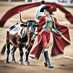 This is an updated, high-resolution image featuring a woman dressed in traditional bullfighting attire standing next to a bull