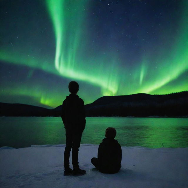 A thought-provoking image of a heartbroken boy standing detached under the aurora borealis, with an eerie addition of his own body lying next to him, the face obscured, deepening the mystique of the scene.