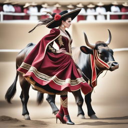 This is an updated, high-resolution image featuring a woman dressed in traditional bullfighting attire standing next to a bull