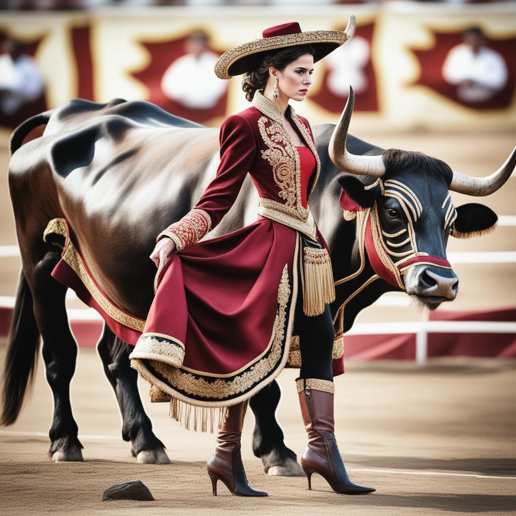 This is an updated, high-resolution image featuring a woman dressed in traditional bullfighting attire standing next to a bull