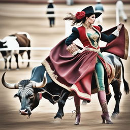 This is an updated, high-resolution image featuring a woman dressed in traditional bullfighting attire standing next to a bull