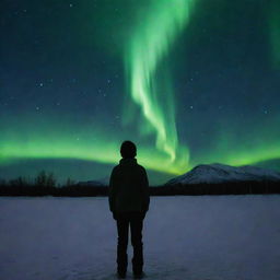 A thought-provoking image of a heartbroken boy standing detached under the aurora borealis, with an eerie addition of his own body lying next to him, the face obscured, deepening the mystique of the scene.