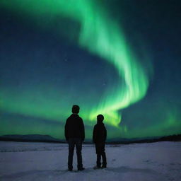 A thought-provoking image of a heartbroken boy standing detached under the aurora borealis, with an eerie addition of his own body lying next to him, the face obscured, deepening the mystique of the scene.