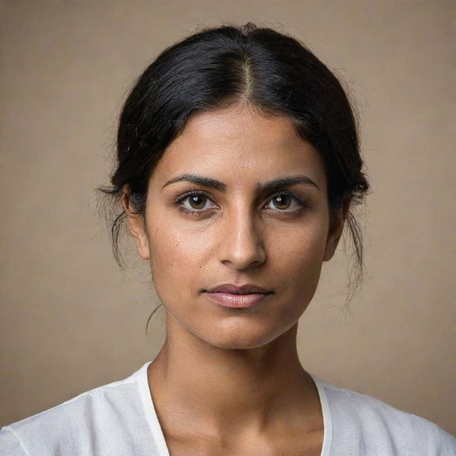 A portrait of a woman named Emilly Pellegrini with distinctive Indian features, like dark hair, brown skin, and expressive eyes.