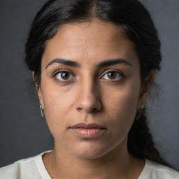 A portrait of a woman named Emilly Pellegrini with distinctive Indian features, like dark hair, brown skin, and expressive eyes.