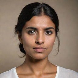 A portrait of a woman named Emilly Pellegrini with distinctive Indian features, like dark hair, brown skin, and expressive eyes.