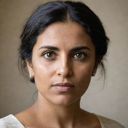 A portrait of a woman named Emilly Pellegrini with distinctive Indian features, like dark hair, brown skin, and expressive eyes.