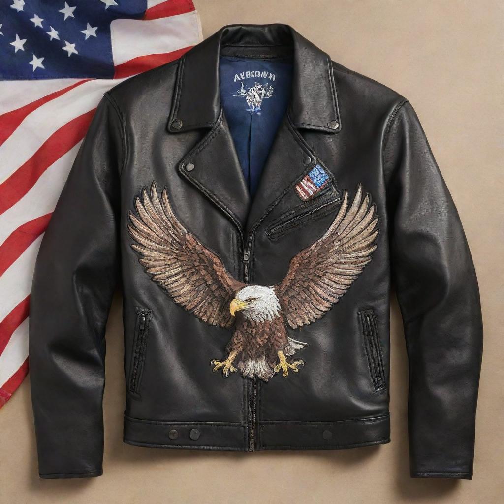 Design a men's leather jacket with an American Eagle emblem and an American flag incorporated into the design.