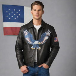 Design a men's leather jacket with an American Eagle emblem and an American flag incorporated into the design.