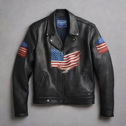 Design a men's leather jacket with an American Eagle emblem and an American flag incorporated into the design.