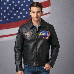 Design a men's leather jacket with an American Eagle emblem and an American flag incorporated into the design.