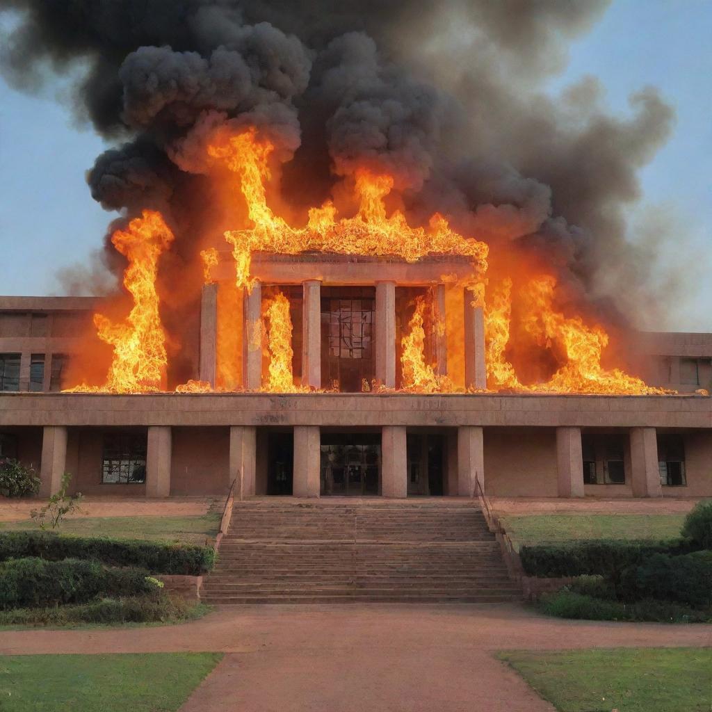 The Malawi University of Science and Technology under a vivid, metaphorical fire design, with flames elegantly highlighting the architecture.