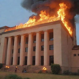 The Malawi University of Science and Technology under a vivid, metaphorical fire design, with flames elegantly highlighting the architecture.