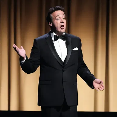 The comedian bombastically exaggerated his achievements in a comical manner, making the audience burst into laughter.