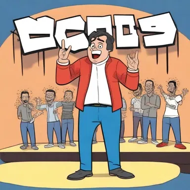 During the stand-up comedy show, the comedian bombastically told a series of jokes, using over-the-top expressions and animated gestures to entertain the audience.