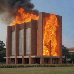 The Malawi University of Science and Technology under a vivid, metaphorical fire design, with flames elegantly highlighting the architecture.