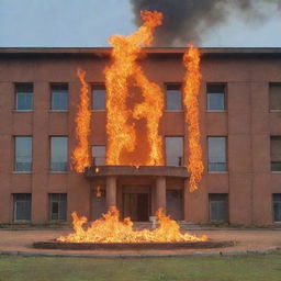 The Malawi University of Science and Technology under a vivid, metaphorical fire design, with flames elegantly highlighting the architecture.