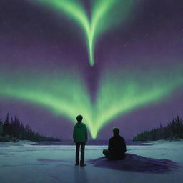 A haunting scene under the green and violet aurora borealis: A heart-drawn boy stands aloof, face hidden. An unnerving human figure lies collapsed next to him, adding palpable dread to the enigmatic tableau.