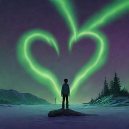 A haunting scene under the green and violet aurora borealis: A heart-drawn boy stands aloof, face hidden. An unnerving human figure lies collapsed next to him, adding palpable dread to the enigmatic tableau.