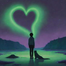 A haunting scene under the green and violet aurora borealis: A heart-drawn boy stands aloof, face hidden. An unnerving human figure lies collapsed next to him, adding palpable dread to the enigmatic tableau.