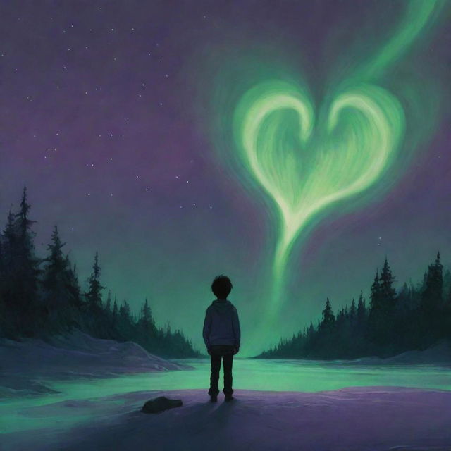 A haunting scene under the green and violet aurora borealis: A heart-drawn boy stands aloof, face hidden. An unnerving human figure lies collapsed next to him, adding palpable dread to the enigmatic tableau.