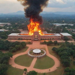 The Malawi University of Science and Technology in Malawi itself, under a vivid, metaphorical fire design with flames elegantly highlighting the architecture and surrounding Malawi landscape.