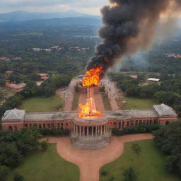 The Malawi University of Science and Technology in Malawi itself, under a vivid, metaphorical fire design with flames elegantly highlighting the architecture and surrounding Malawi landscape.