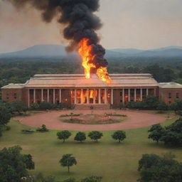 The Malawi University of Science and Technology in Malawi itself, under a vivid, metaphorical fire design with flames elegantly highlighting the architecture and surrounding Malawi landscape.