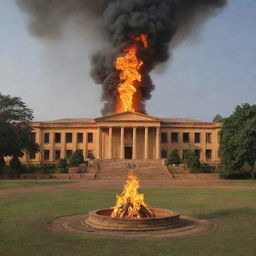 The Malawi University of Science and Technology in Malawi itself, under a vivid, metaphorical fire design with flames elegantly highlighting the architecture and surrounding Malawi landscape.