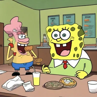 In the cartoon show SpongeBob SquarePants, SpongeBob's botch in making a Krabby Patty results in chaos at the Krusty Krab.