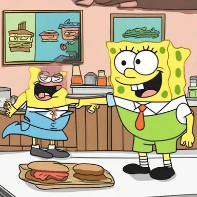 In the cartoon show SpongeBob SquarePants, SpongeBob's botch in making a Krabby Patty results in chaos at the Krusty Krab.