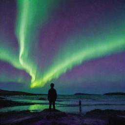 An enigmatic scene under the green and violet hues of the aurora borealis: A distressed boy stands afar, his face obscured. Beside him, on the ground, a human figure lies creating a foreboding and mysterious atmosphere.