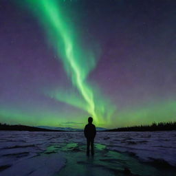 An enigmatic scene under the green and violet hues of the aurora borealis: A distressed boy stands afar, his face obscured. Beside him, on the ground, a human figure lies creating a foreboding and mysterious atmosphere.