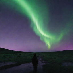 An enigmatic scene under the green and violet hues of the aurora borealis: A distressed boy stands afar, his face obscured. Beside him, on the ground, a human figure lies creating a foreboding and mysterious atmosphere.